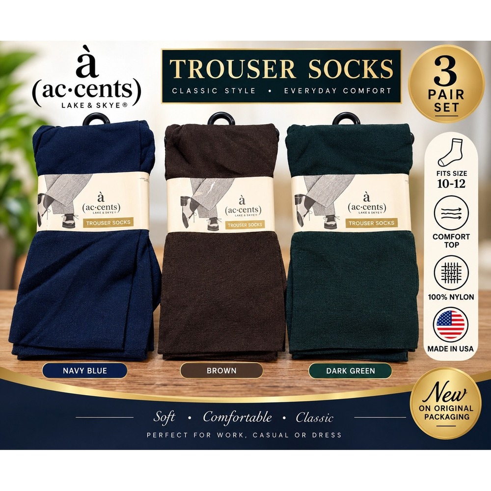 Accents Lake & Skye Trouser Socks 3 Pair Set Navy Brown Green Size 10-12 NEW